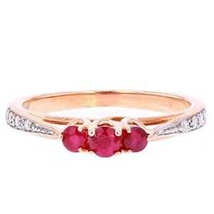 10K Rose Gold Ruby 3 Stone & .06ctw Dia Ring